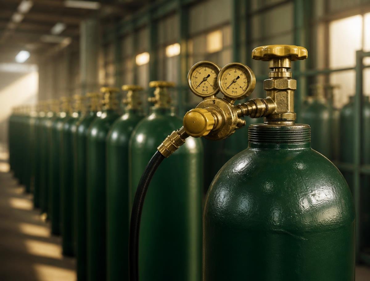 Cilindros de CO2 com manômetro em uma central de gases